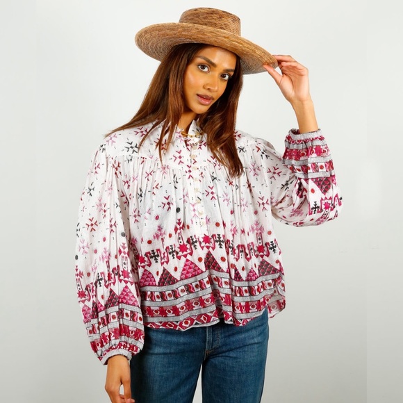 NEW Isabel Marant Salika Printed Cotton Blouse White/Pink/Silver S/S 23 Size 2 - Picture 4 of 12